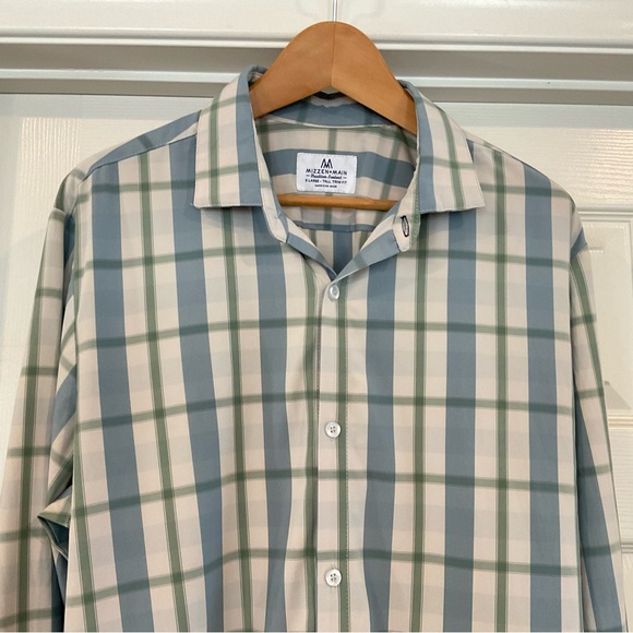 Mizzen Main Men XL TALL Trim Fit Shirt Blue Plaid Performance Long Sleeve Button - Picture 3 of 13
